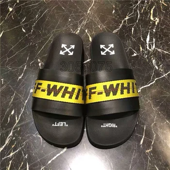 

Luxury Off men and women slippers yellow ribbon trend white slides beach shoes summer home couple slippers White Slides loafers