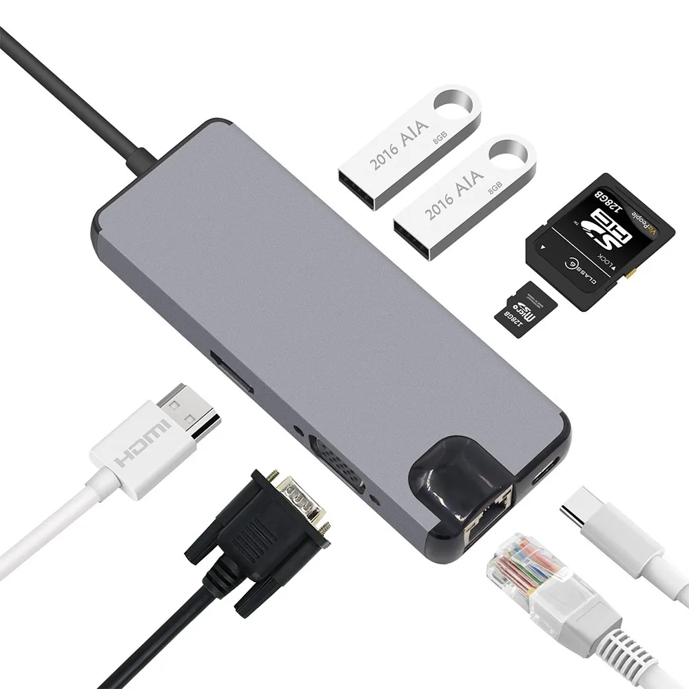 8-в-1 Тип usb C на HDMI VGA USB разветвитель со считывателем карт usb 3,0 PD Порты и разъёмы адаптер для Macbook Chromebook XPS13