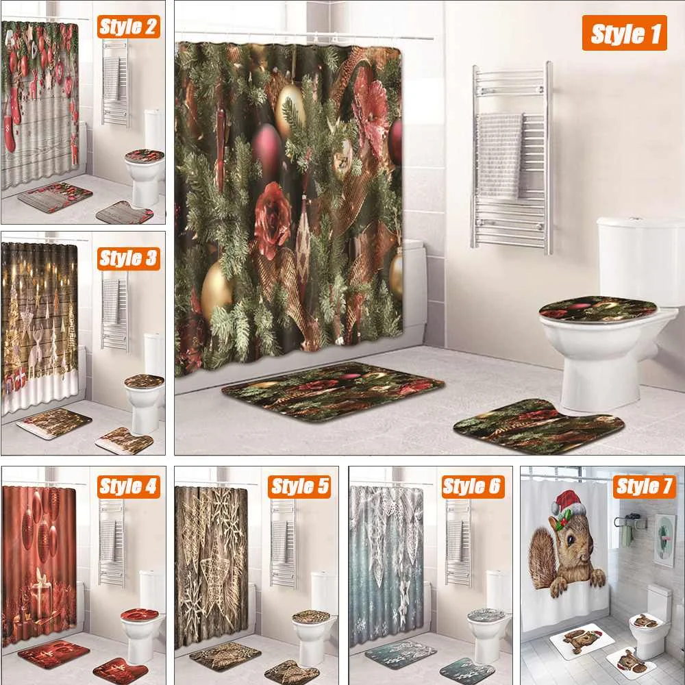 3PCS Bathroom Bath Mat Set Waterproof Shower Curtain With 12 Hooks Toilet Seat Cover Anti-Slip Rug Printing Christmas Decor
