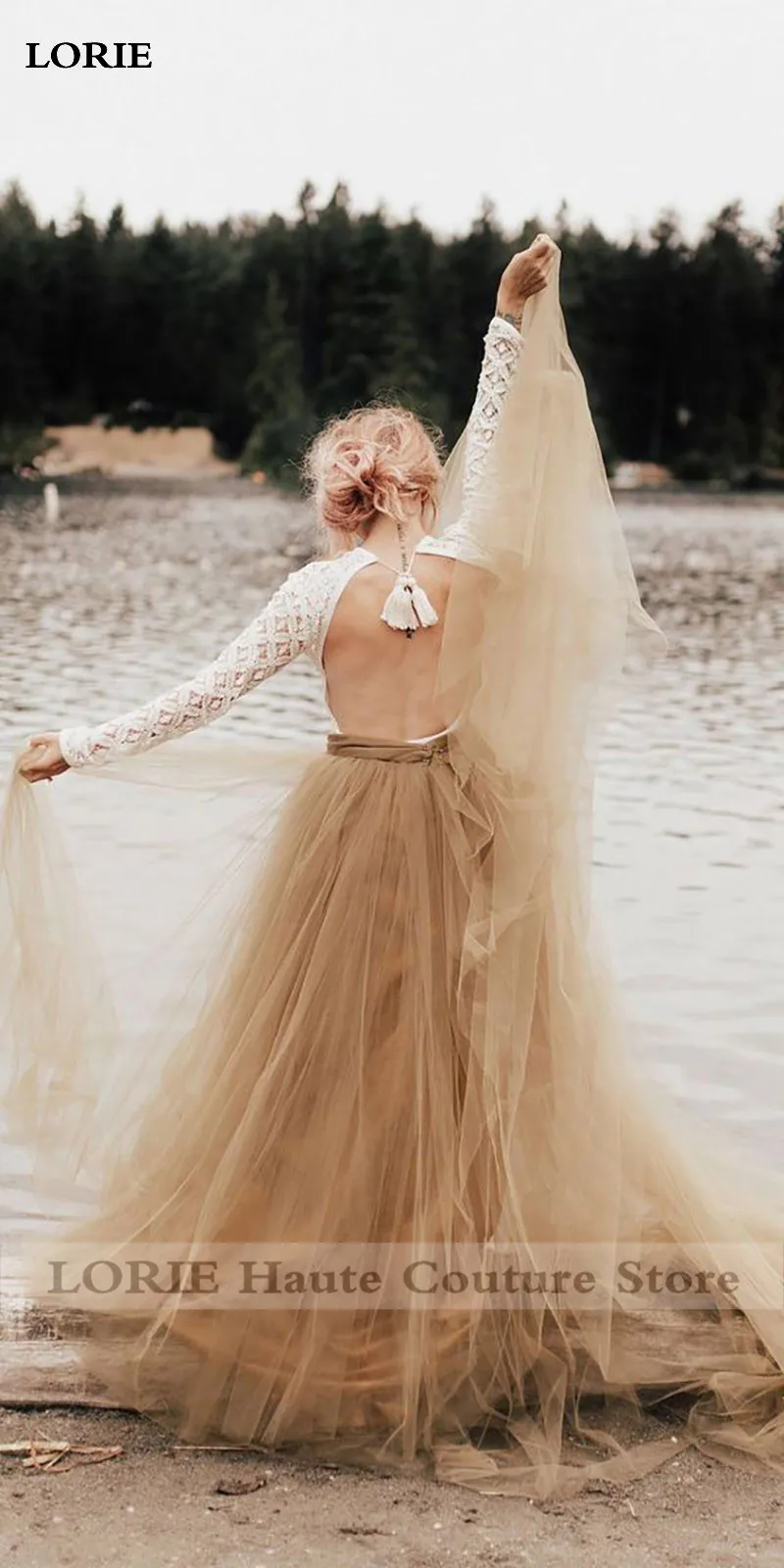 Lorie A-Line Boho свадебный наряд золотые свадебные платья с длинными рукавами контрастного цвета vestidos de noiva простое кружевное свадебное платье