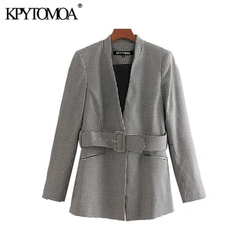 

Vintage Stylish Office Wear Houndstooth With Belt Blazer Coat Women 2020 Fashion V Neck Long Sleeve Plaid Outerwear Chic Tops