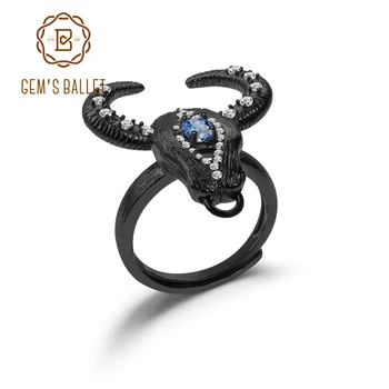

GEM'S BALLET Natural London Blue Topaz Bull Head Adjustable Ring 925 Sterling Silver Handmade Open Rings For Women Fine Jewelry