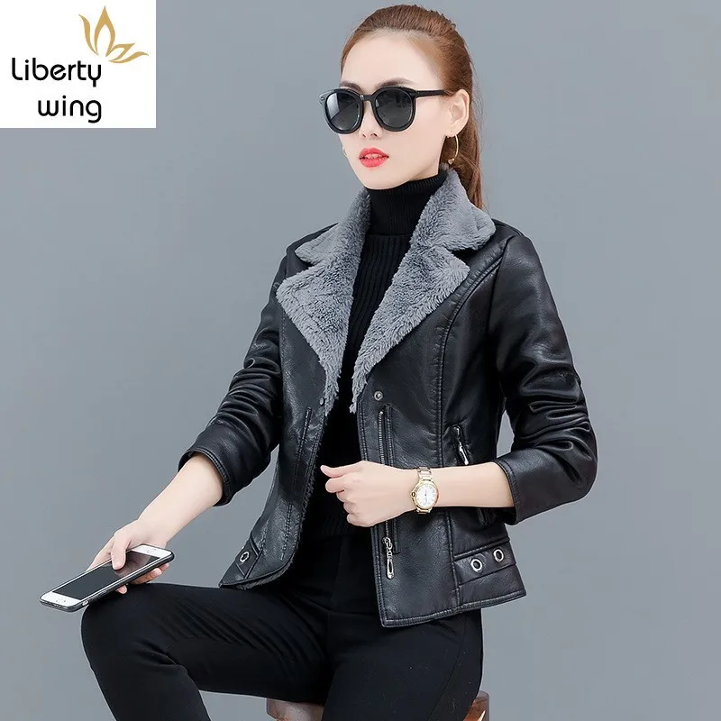 korean-new-long-sleeve-fleece-lining-womens-faux-leather-jackets-motorcycle-fashion-lapel-slim-fit-thick-short-coats-plus-size