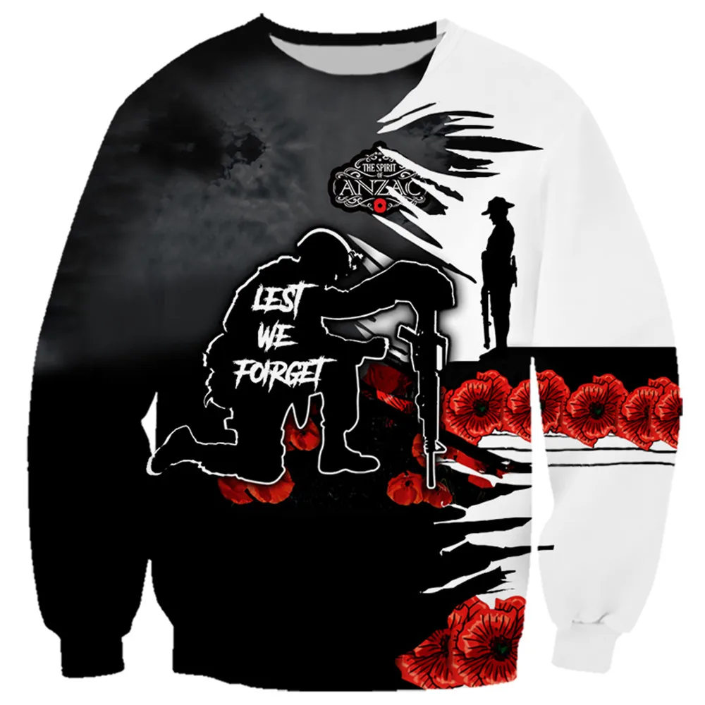 

HX ANZAC Day Sweatshirts 3D Graphics Lest We Forget Pullovers Tops Casual Sportswear Harajuku Men for Women Clothing