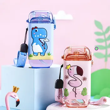 

Cartoon Children Water Bottle 280ml with Rope Portable Square Kettle Sealed Leak-proof BPA Free Tritan Baby Milk Cup With Straw