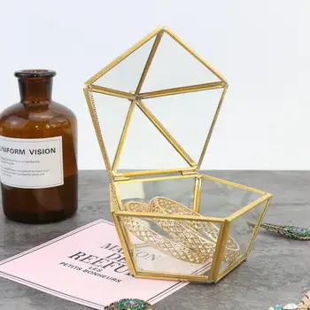 

Nordic Copper Frame Geometric Glass Pentagram Cover Preserved Flower Holder Storage Box Home Decoration Crafts