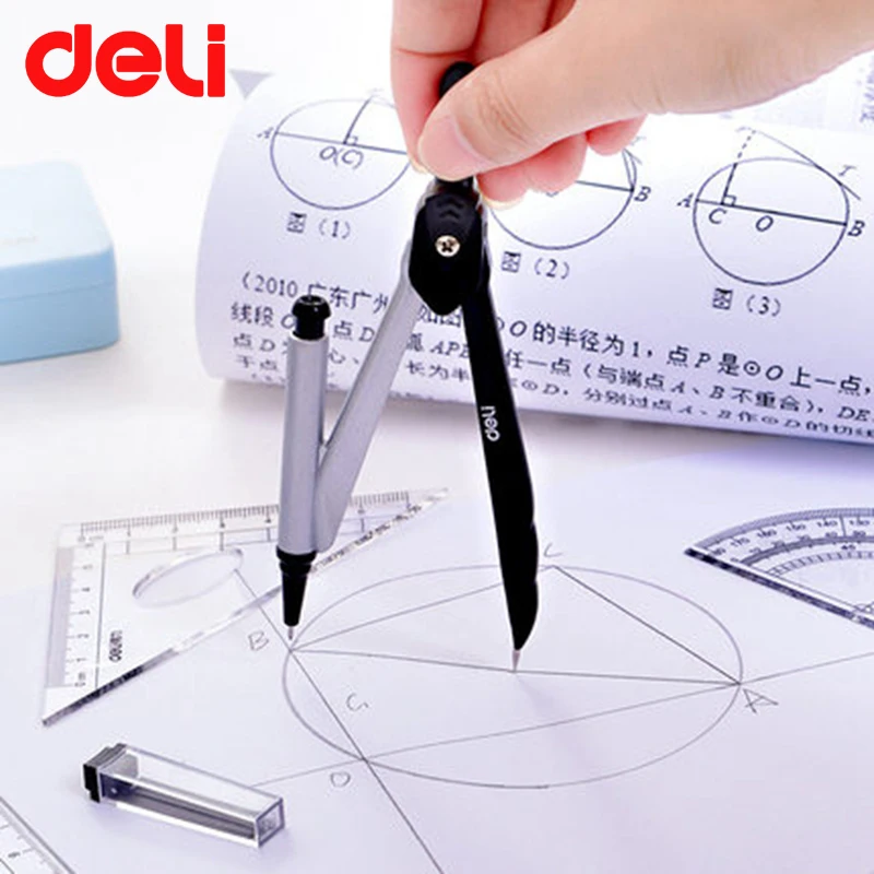 Deli Compass Geometry Set 7/8Pcs Math Compass Circle Drawing Template Metal+Plastic Protractor Squares Mathematic Geometry Ruler