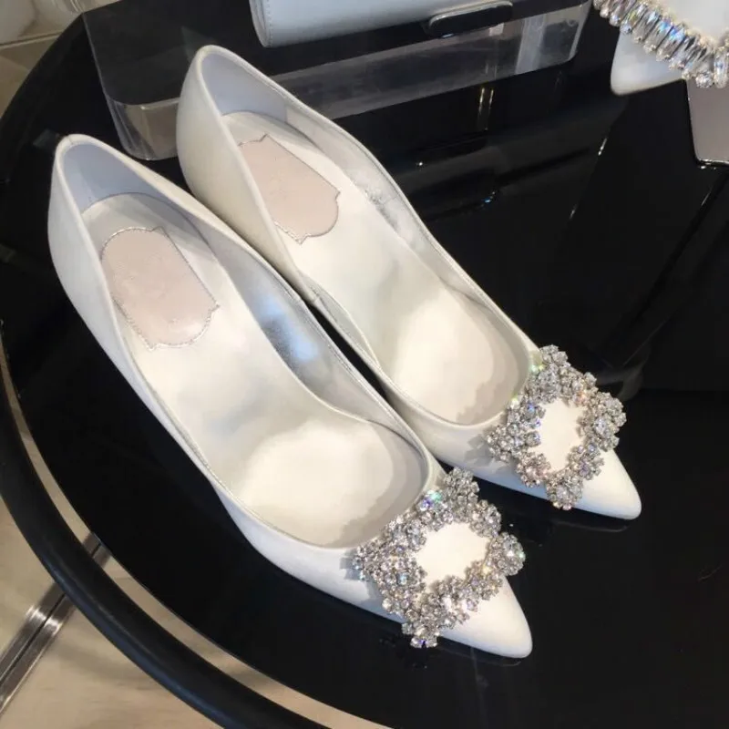 HKXN-zapatos de boda de plata de ley 2020 para mujer, zapatos de boda de imitación de seda satinada con diamantes de imitación de cristal, poco profundos, tacón alto de aguja