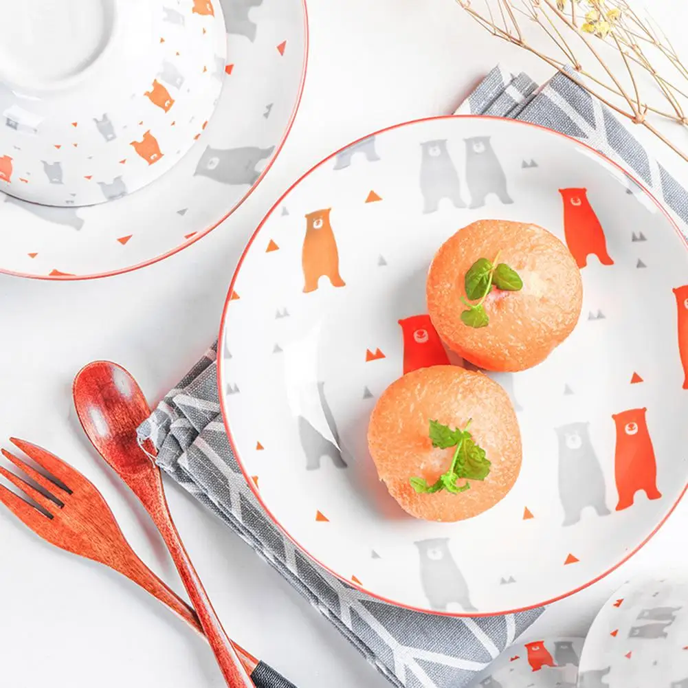 DishyKooker 12 шт./компл. Милые Носки с рисунком медведя из мультика узор 4.5in чаши+ 7in пластины+ маленькая ложка Керамика набор посуды