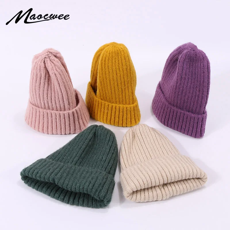 Kids Winter Solid Color Wool Knit Beanie Children Fashion Casual Hat Warm Boy Girl Soft Thicken Hedging Cap Slouchy Bonnet Ski