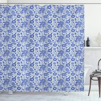 

Dutch Shower Curtain, Delft Style Flowers in Doodle Style Abstract Petals Leaves Butterflies, Cloth Fabric Bathroom Decor Set