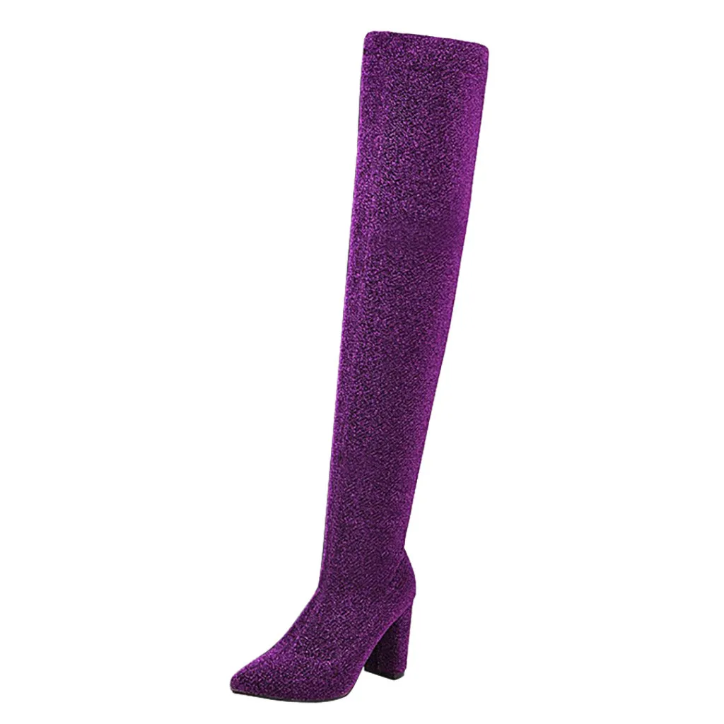 Purple SAGACE/сапоги; винтажные Женские Сапоги выше колена; флоковые женские сапоги без шнуровки; однотонные сапоги на квадратном каблуке; ботинки; zapatos de mujer - Цвет: Purple