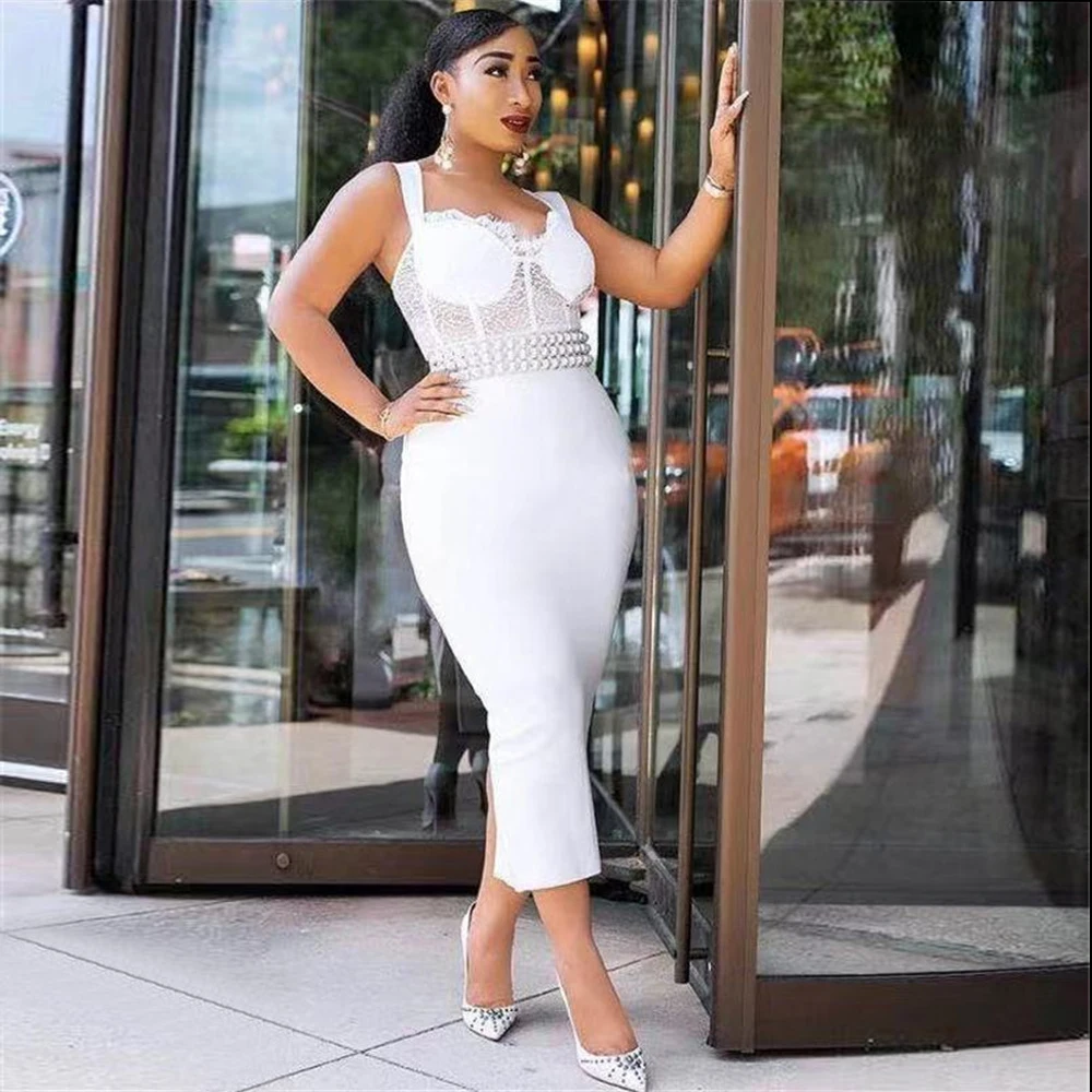 Элегантное белое платье Спагетти ремень Bodycon платье миди нарядные платья для свадьбы Vestidos Для женщин Летнее кружевное платье без бретелек пикантное платье Vestidos