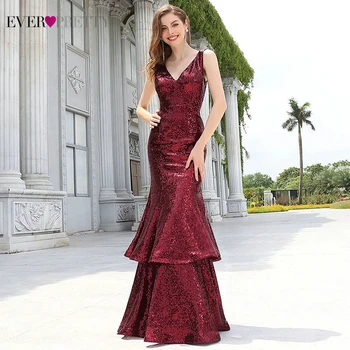 

Prom Dresses Long Ever Pretty EP00516BD Burgundy Elegant V Neck Sleeveless Tiered Sequin Formal Party Gowns Vestido Largo 2020