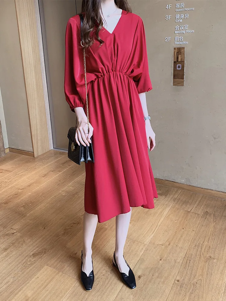 

Popular WOMEN'S Dress-Style Elegant Red Chiffon Dress Women's Medium-length Waist Hugging A- line Skirt Gentle Skirt