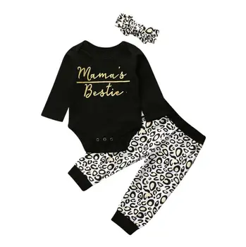 

3PCS Set Newborn Baby Boy Girl Long Sleeve Cotton Bodysuit Tops Leopard Long Pant Trouser Headband Outfits Baby Clothes