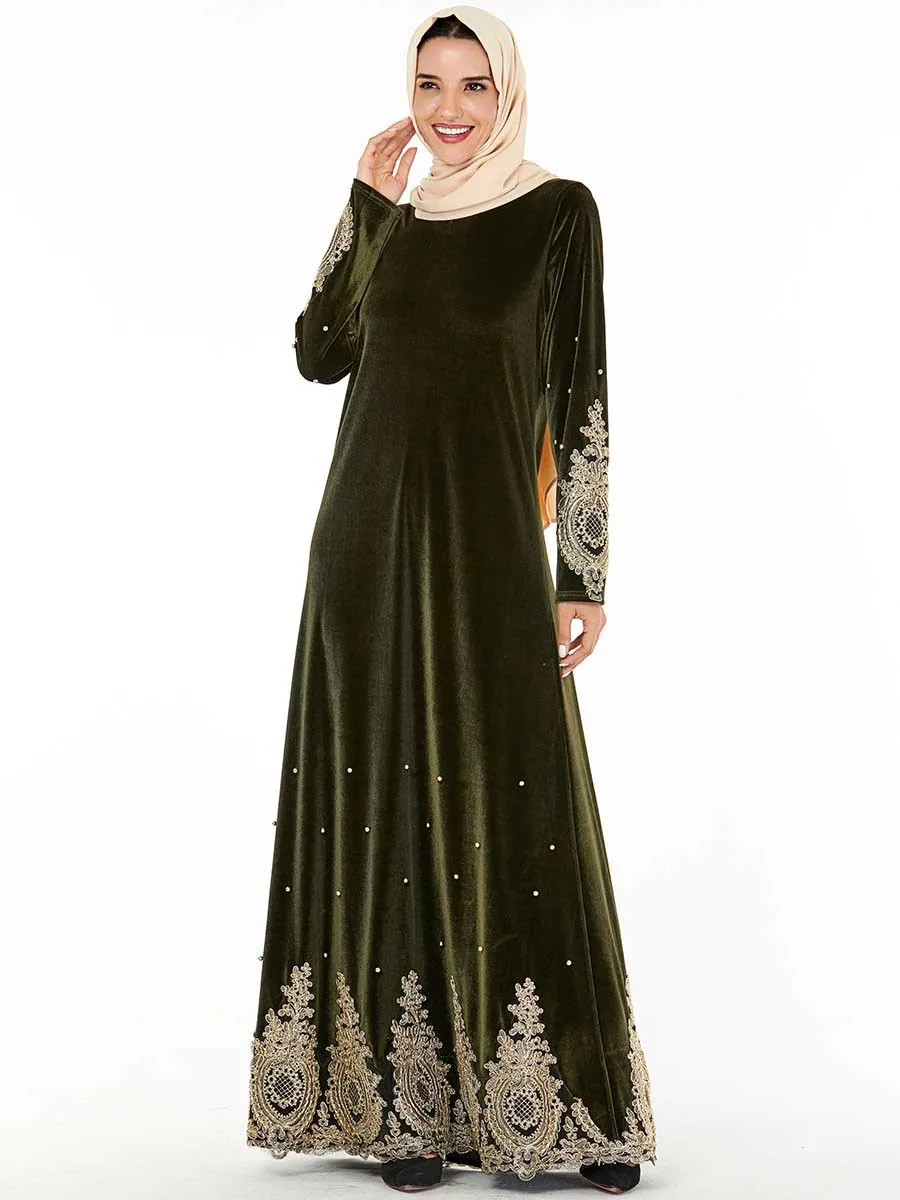 Мусульманское платье абайя роскошный жемчуг бархат Винтаж Этническая золотая вышивка Дубай халаты Турция марокканские платья Вечерние