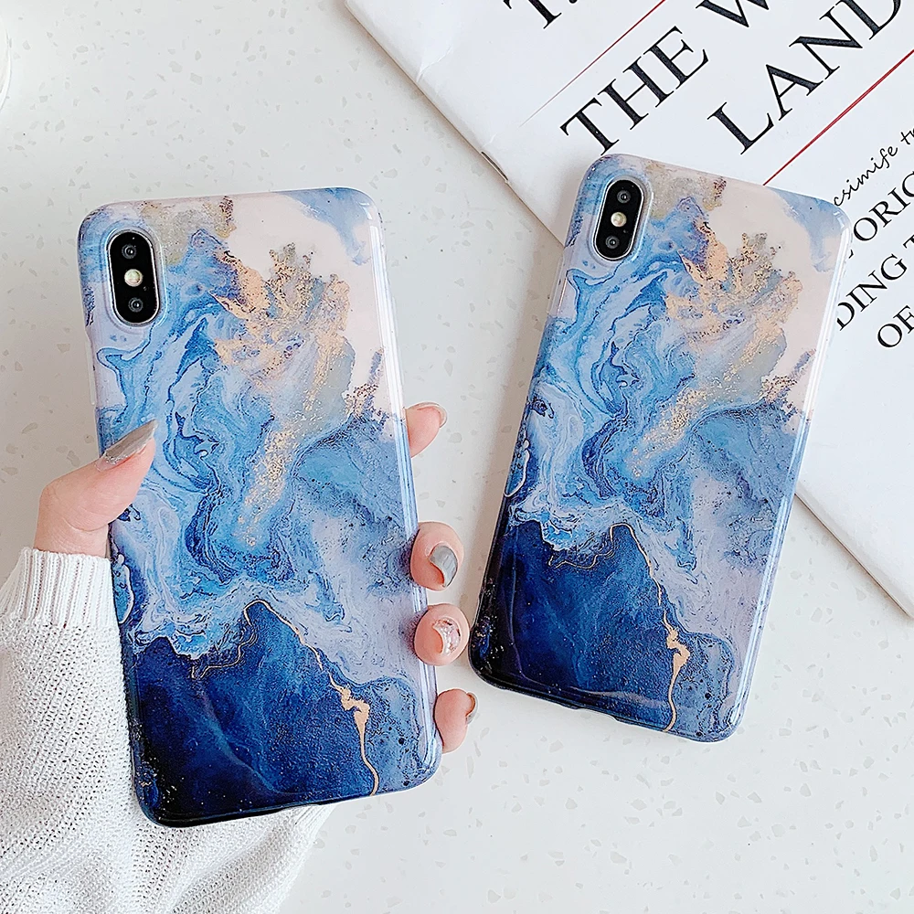 

Luxury Glossy Blue Marble Phone Case For iPhone XR XS MAX X 7 8 6 6S Plus Case Soft IMD Anti-fall Full Protect Back Cover