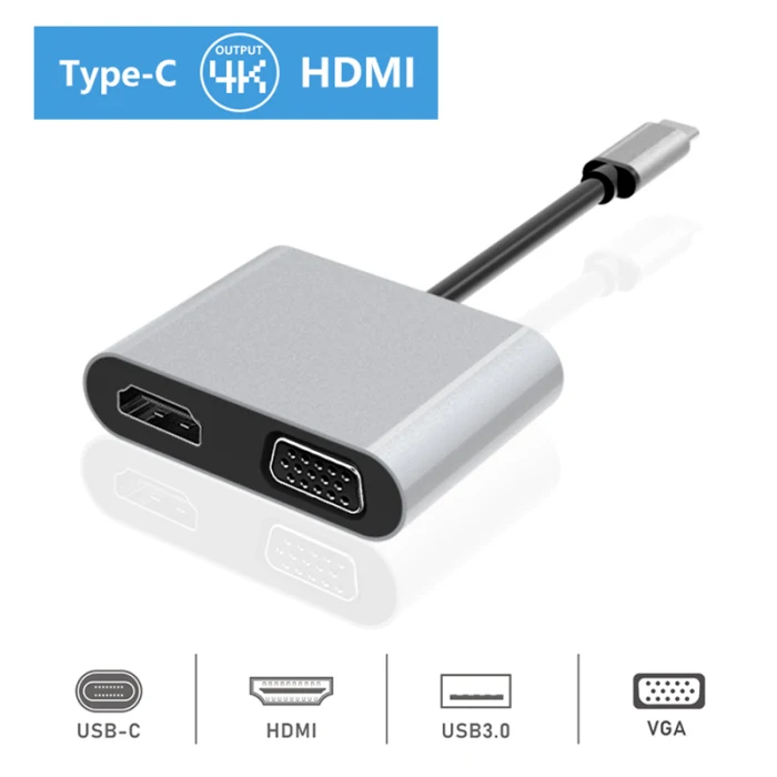 4 в 1 type-C к HDMI 4K VGA USB3.0 аудио-видео адаптер PD быстрое зарядное устройство DQ-Drop