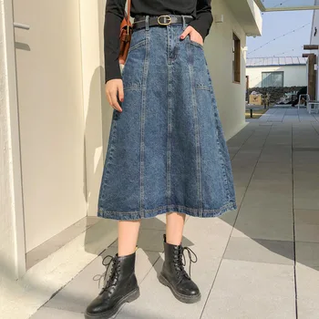 

Women Casual Denim Skirt Streetwear Fashion Dark Blue Pockets Mid-Calf A-Line Skirts No Belt Korean Japanese Gril Daily Skirt