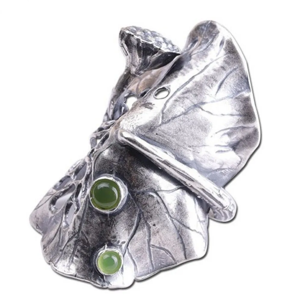 

S999 Sterling Silver Rings for Women 2022 New Fashion Lotus Leaf Hetian Jade Pure Argentum Trendy Gem Jewelry