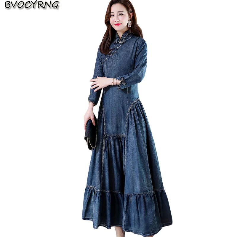 

spring autumn Denim dress female 2019 new spring retro slim big swing dresses long high-end Jackets dresses women casual dress