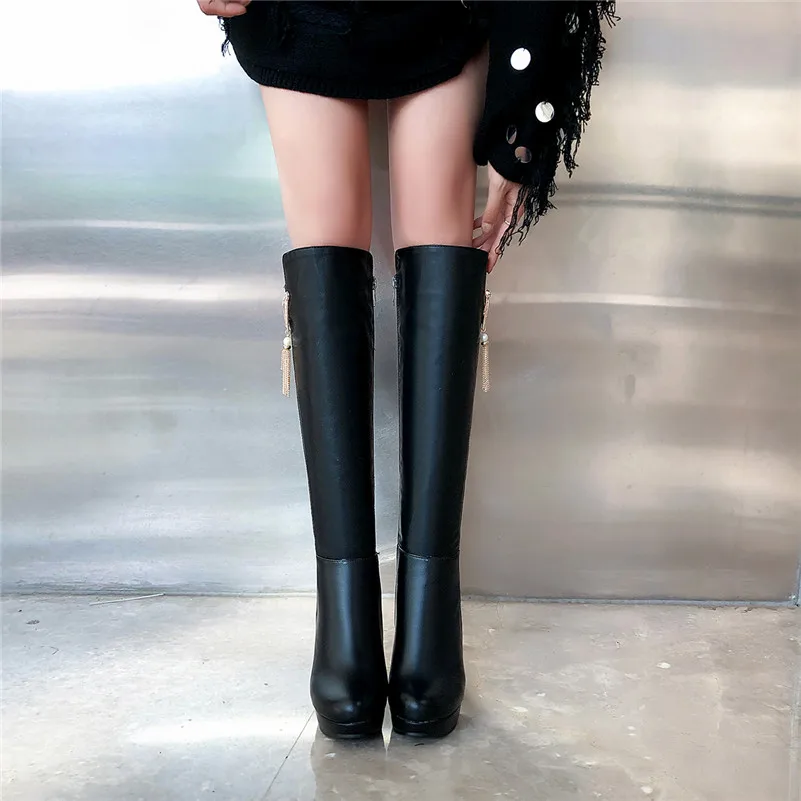 ANNYMOLI Winter Knee High Boots Women Crystal Platform Thick Heels Tall Boots Zipper Super High Heel Shoes Female Big Size 33-43