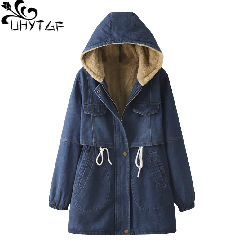 

UHYTGF Female winter coats Plus velvet lambswool warm parkas mujer Denim cotton Hooded Windproof Warm Cotton coat Plus size 209