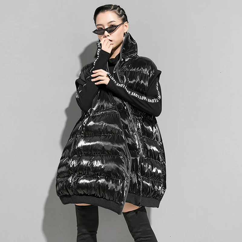 black CHICEVER Корейский плюс толстый зимний жилет для женщин воротник с лацканами без рукавов майка оверсайз повседневное теплое хлопковое Женское пальто Новинка - Цвет: black