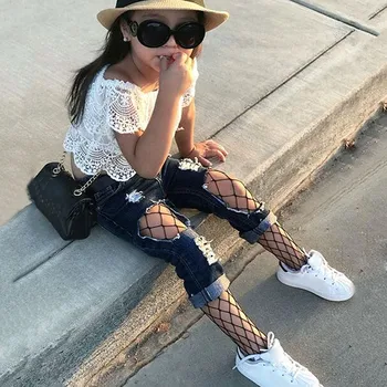 

2020 Fashion Toddler Kids Baby Girl Outfits Off Shoulder Tops Fishnet Ripped Denim Jeans 2PCS Outfit Children Girls Clothing Set