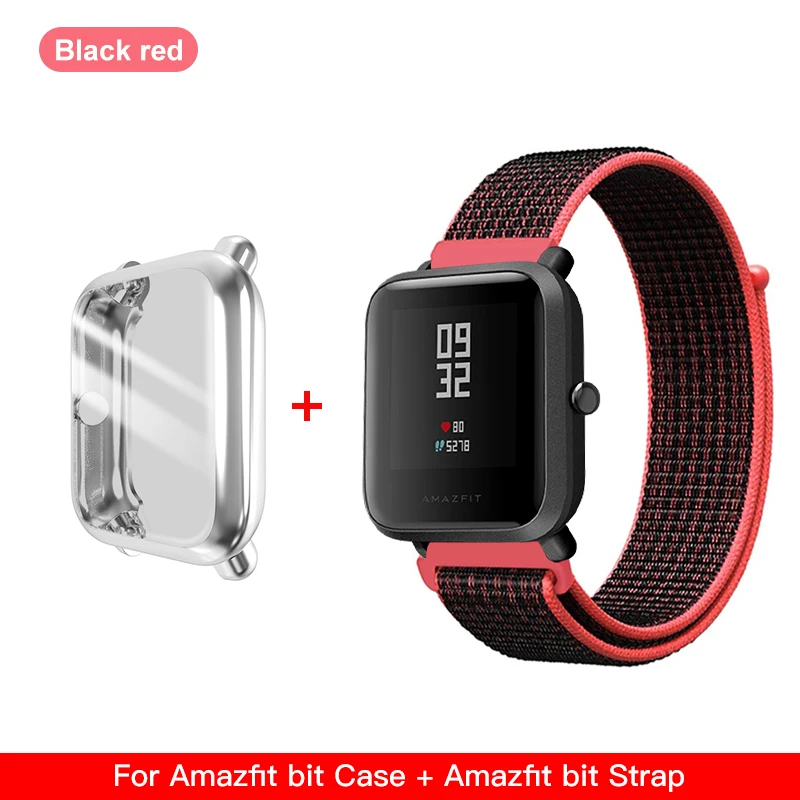 IONCT спортивный нейлоновый ремешок для Xiaomi Amazfit ремешок Bip ремешок для часов Huami Amazfit GTS браслет ремни+ чехол - Цвет: Black red and case