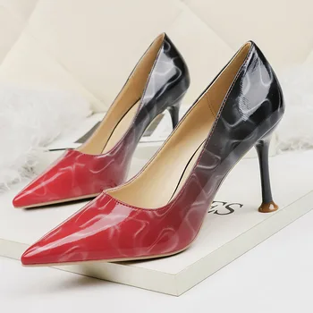 

Mixed Color High Heels Shoes Women Pointed Toe Pumps Fashion Slip on Slides Patent Leather Shallow Shoes Casual Zapatos Mujer