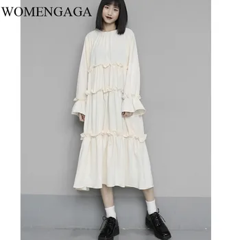 

Loose Women Black Pleated Temperament Cake Dress Round Neck Long Sleeve Loose Fit Fashion Tide Spring Autumn 2020 ZVFC