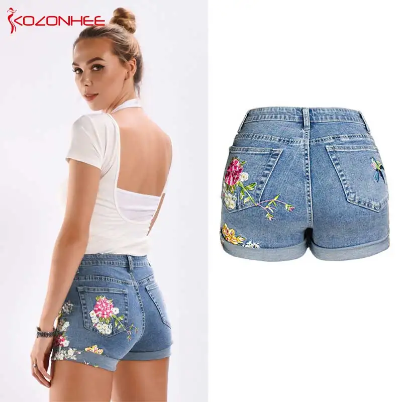 Big Size Stretch Floral Embroidery Denim Shorts Women With Mid Waist skinny Crimping Summer Elasticity Denim Shorts Plus Size 95