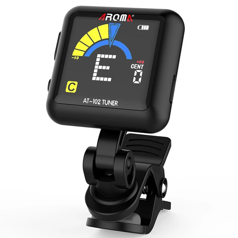 

Aroma At-102 Rechargeable Clip-On Guitar Tuner Color Screen With Built-In Battery Usb Cable For Chromatic Guitar Bass Ukulele