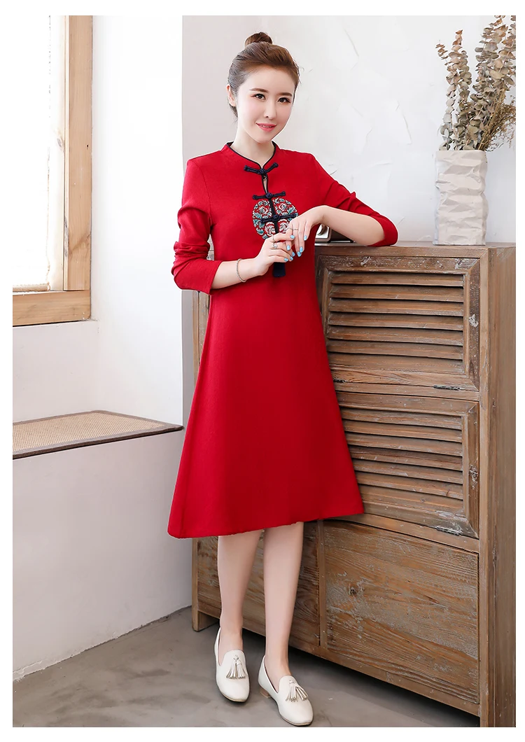 Хлопок и лен вышитые модифицированные Cheongsam шик кисточкой элегантные женские CNY традиционные платья трапециевидной формы Qipao Платье женское