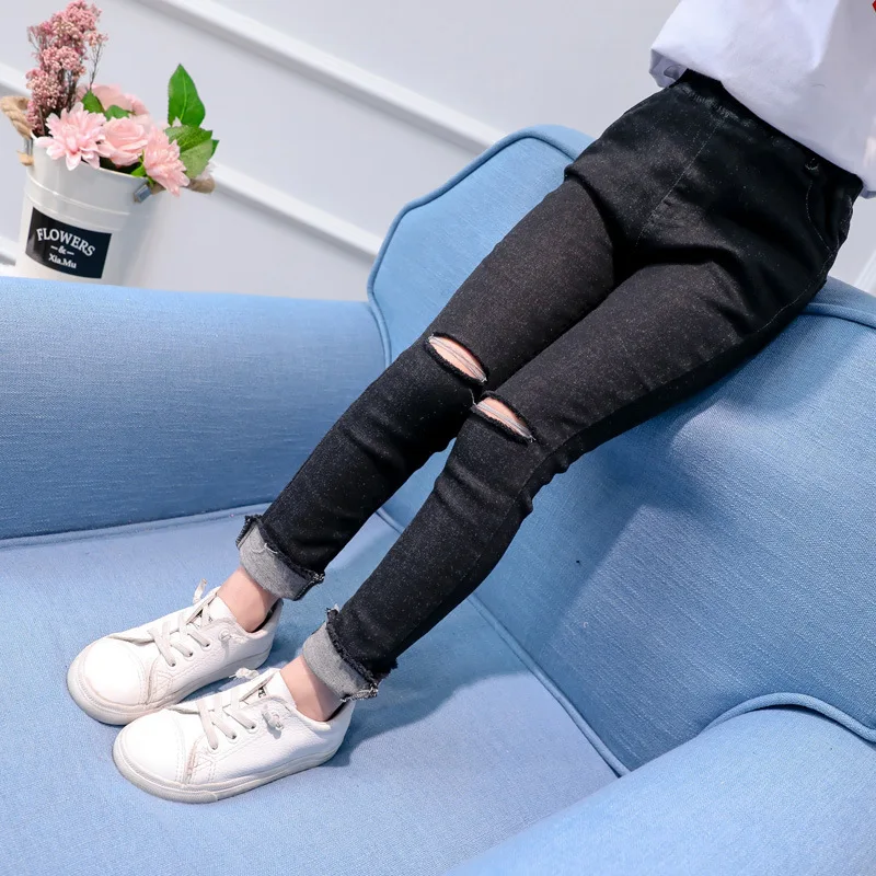 Весенняя одежда для девочек, эластичные штаны, ковбойские штаны с дырками для мальчиков и девочек