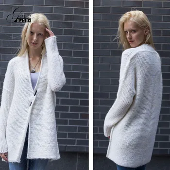 

Gold Hands Spring Autumn Women Fashion Sweater Cardi White Knitted Cardigan Long Sleeve V-neck Solid Color Casual Loose Cardigan