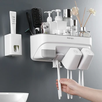 

Automatic Toothpaste Dispenser Squeezer Wall Mount Dustproof Toothbrush Holder Multi-Functional Bathroom Toothbrush Organizer