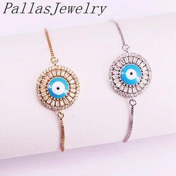 

10Pcs Round Bracelet Micro Pave CZ Enamel Eye Charm Gold Adjustable Link Bracelet Jewelry