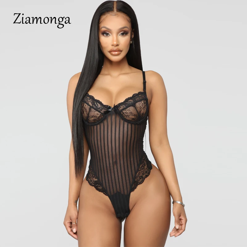 Ziamonga Strappy Striped Lace Bodysuit Sexy Backless Jumpsuit Female Body Mujer Mesh Sheer lace Teddy Push up Bodysuits