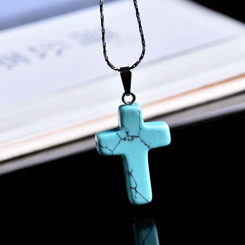 Turquoise 1 шт. натуральный кристалл минеральный орнамент крест кулон любовь и искупление Мода пара подвески, ожерелья DIY подарок ювелирные изделия - Цвет: Turquoise
