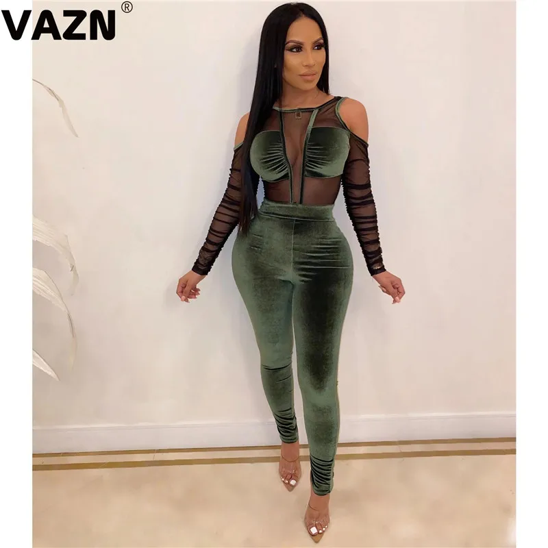 VAZN LDS3188, Новое поступление, известный бренд, сексуальный стиль, женский комбинезон, однотонный, кружевной, Холтер, длинный рукав, с открытыми плечами, Облегающий комбинезон