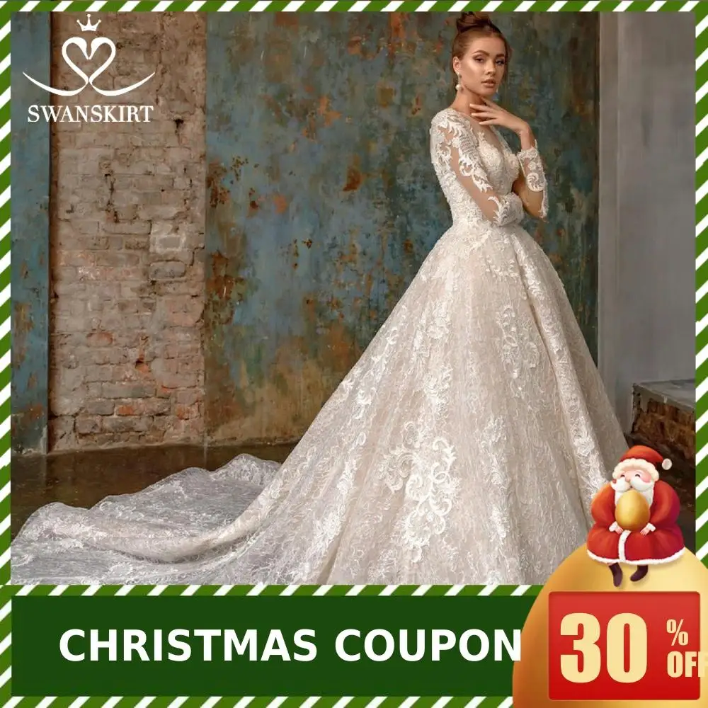 Swanskirt, сексуальное бальное платье с длинным рукавом, свадебное платье,, винтажное, с глубоким вырезом, с аппликацией, принцесса, свадебное платье, Robe De Mariage N105
