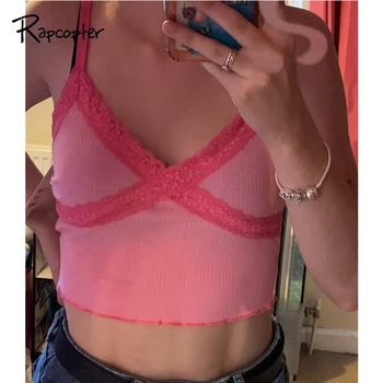 

Rapcopter Lace Knitted Women Cami Backless Sleeveless Top Summer Sweet Crop Top Casual Party Tops V neck Tank Top Mini Vest New