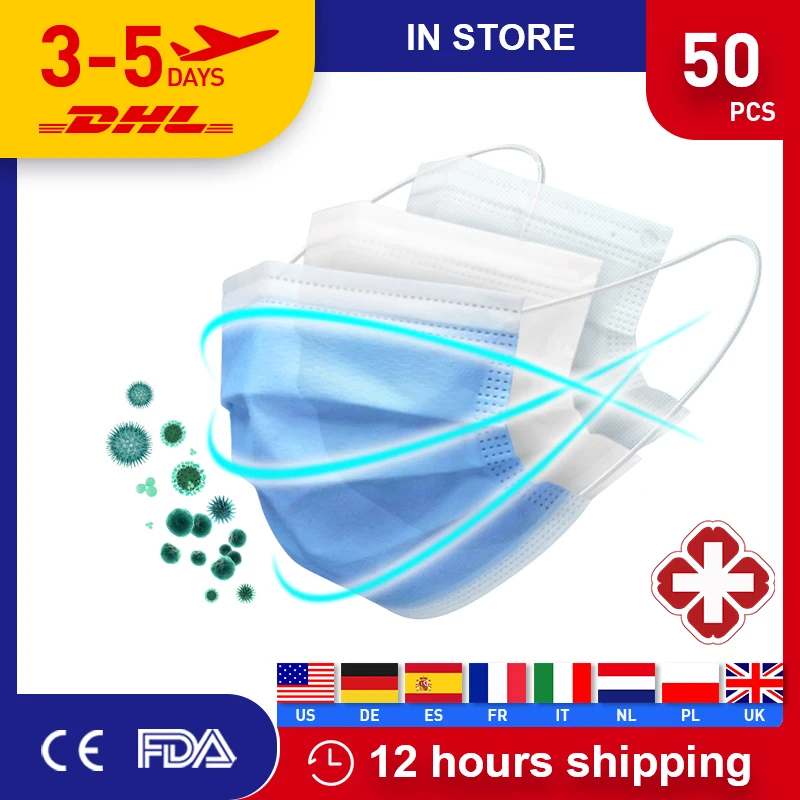 

DHL 50 pcs Non Woven Disposable Face Mask 3 Layer Hanging ear Dust Filter Safety Elastic Facial New Anti-Pollution Safety Masks