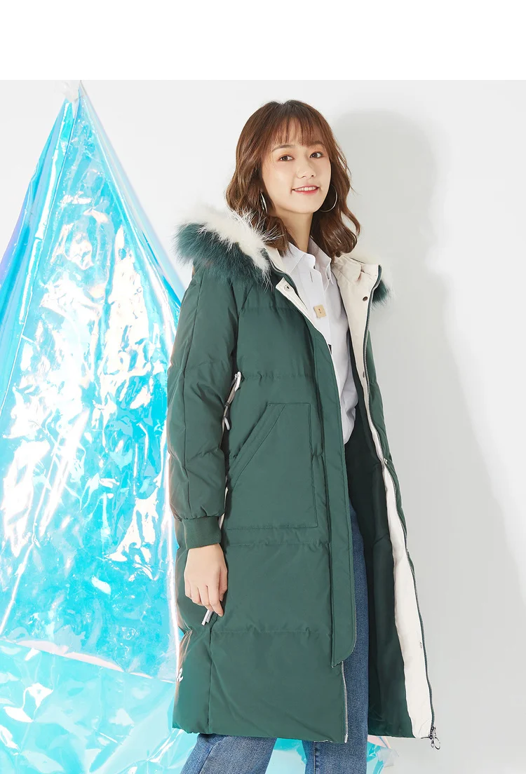 IEF зимний однотонный пуховик средней длины с меховым воротником и принтом, женский модный приталенный дизайн 0801A-D9353-2