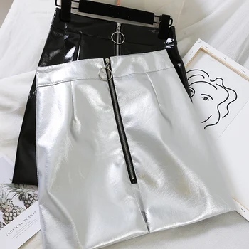 

Women Sexy Mini Skirt PU Leather High Waist Belt Buckle Zipper Silver Metallic Short Skirts Streetwear Hipsters Club 2019 Tide