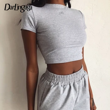 

Darlingaga Casual Cotton Embroidery Female T-shirt Short Sleeve Bodycon Crop Top Tee Basic Summer T shirt Tops Women 2020 Slim