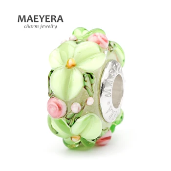

MAEYERA Jewelry Real S925 Lampwork Beads Light Green Stereo Petals Murano Glass Beads Fit European Charm Jewelry 920368